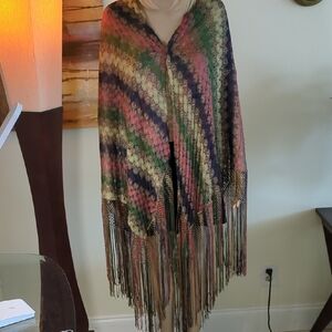 Multicolor Fringe Knit Shawl Wrap - Women